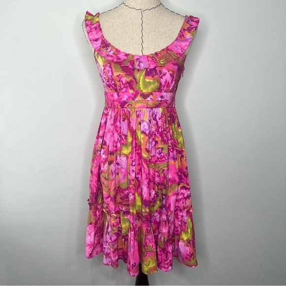 Maggy London Tie Dye Abstract Ruffle Pink 90s style Midi Dress sz 4 Nordstrom - Picture 1 of 8